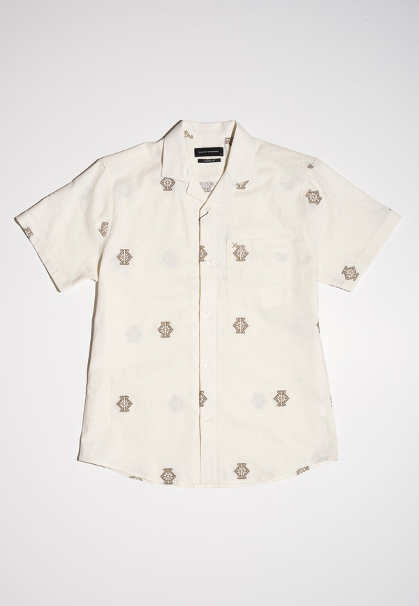 Clean Cut Copenhagen Theodore cotton/linen embroidery shirt Skjorte S/S Off White/Khaki