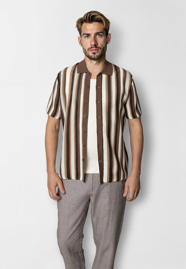 Clean Cut Copenhagen Daniel knitted shirt Skjorte S/S Ecru/brown stipe