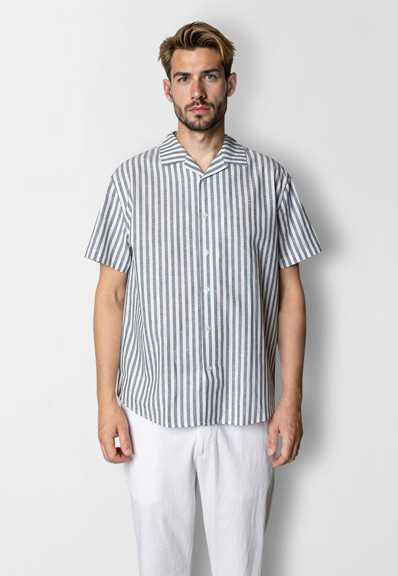 Clean Cut Copenhagen Giles cotton/linen shirt Skjorte S/S Dark green/Ecru