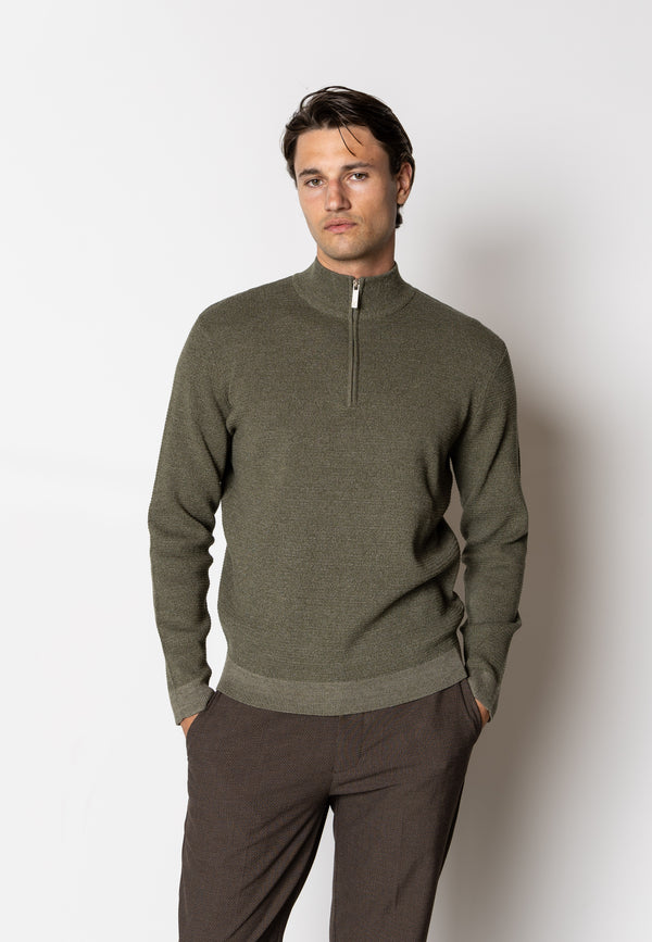 Clean Cut Copenhagen Oscar half zip knitted jumper Strik Army Melange